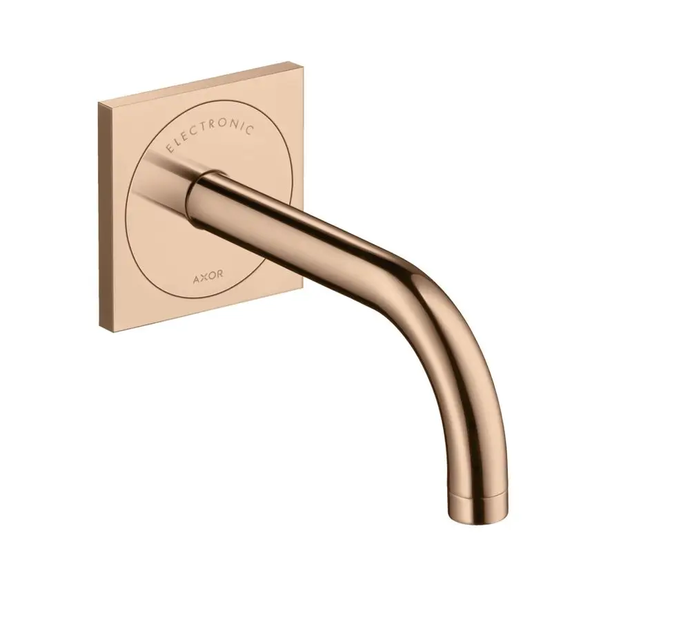 Wandmontierter Wasserhahn in gebürstetem Roségold-Finish von AXOR mit einem eleganten, gebogenen Auslauf. Minimalistisches Design mit rechteckiger Wandplatte.